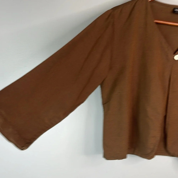 LAUREN VIDAL Linen Blend Overshirt Brown One Button Long Sleeve Collarless Small - Picture 4 of 11